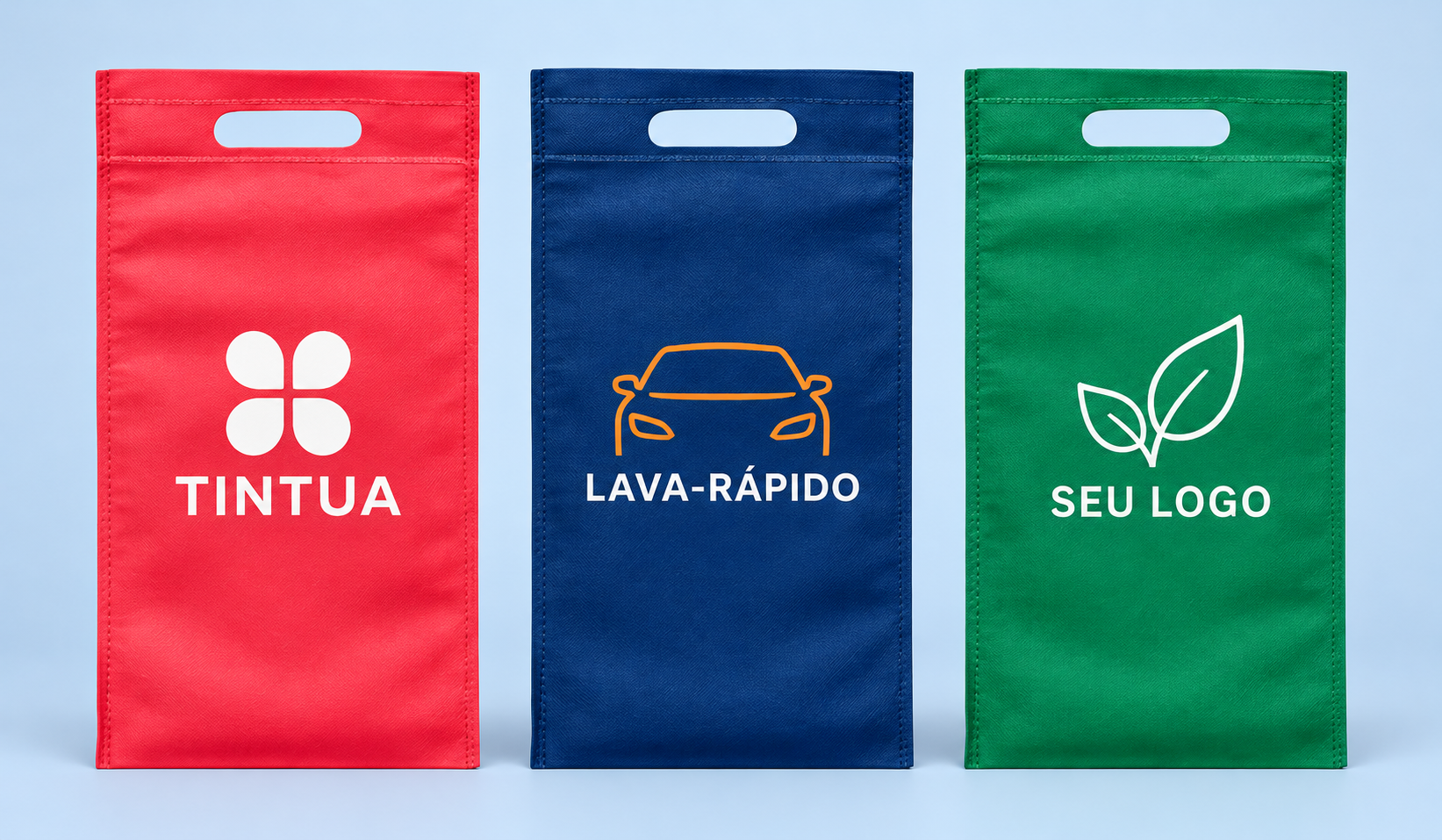 Lixinhos retangulares de TNT com alça vazada: vermelho TINTUA, azul lava-rápido e verde com folhas, referências ilustrativas