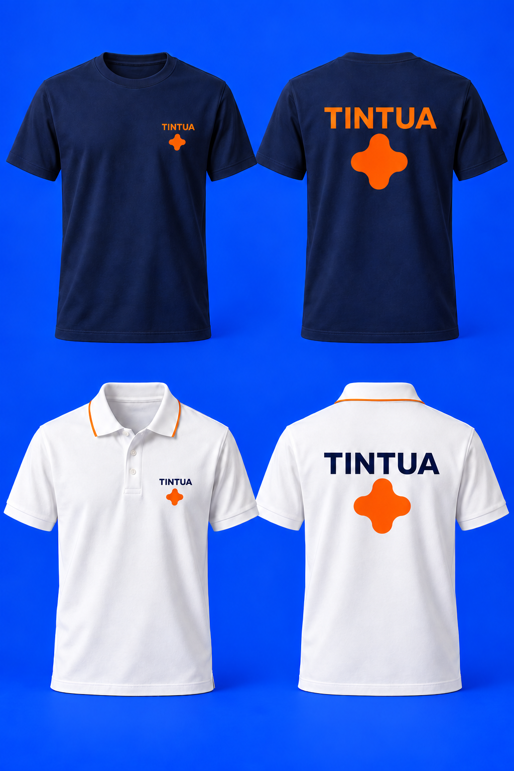 Demonstração ilustrativa de frente e costas da camiseta azul e polo branca, com logo TINTUA maior nas costas